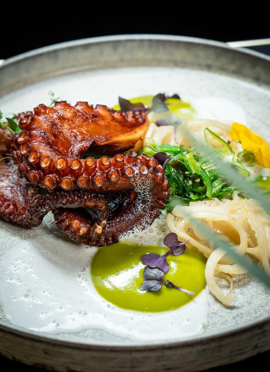 Gegrillter Oktopus auf Keramik